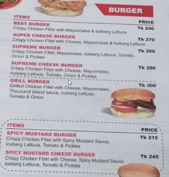 BFC Burger Menu